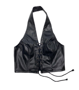She's Bad- Faux Leather Lace Up Halter Top