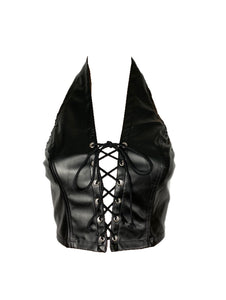 She's Bad- Faux Leather Lace Up Halter Top