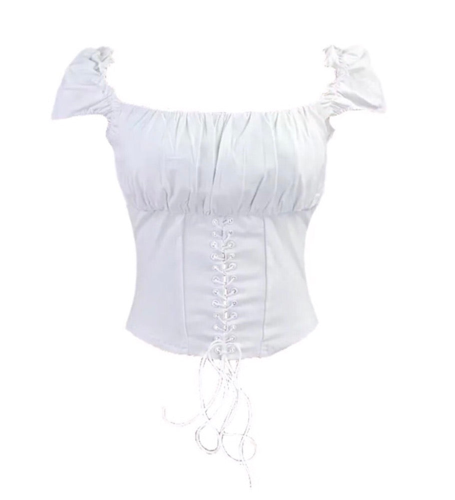 Off the Shoulder Stretch Lace Up Blouse